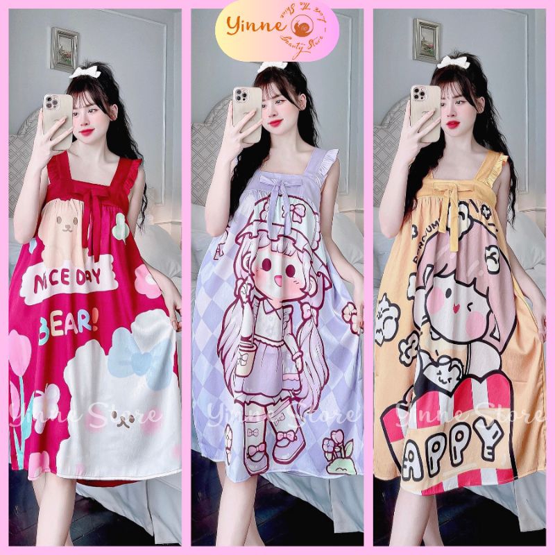 (40-62kg) Váy ngủ 2 Dây Cánh tiên, Đầm mặc nhà Lụa Xước Ánh Kim dáng rộng Thiết Kế in 5D họa tiết dễ thương