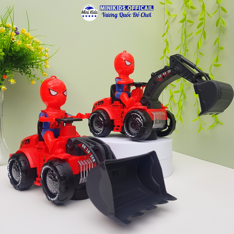 Đồ chơi Người Nhện Spirder Man lái xe Múc, xe Ủi  có cán treo, đèn và nhạc vui nhộn - Đồ chơi MiniKids