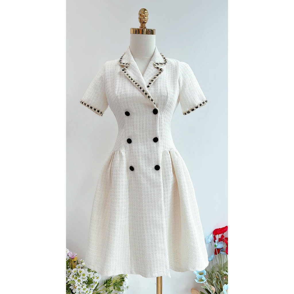 Váy dạ nữ cổ Vest sang trọng thanh lịch, cài cúc trước - XU XU SHOP - Đầm dạ thiết kế cho mùa Thu Đông chuẩn form