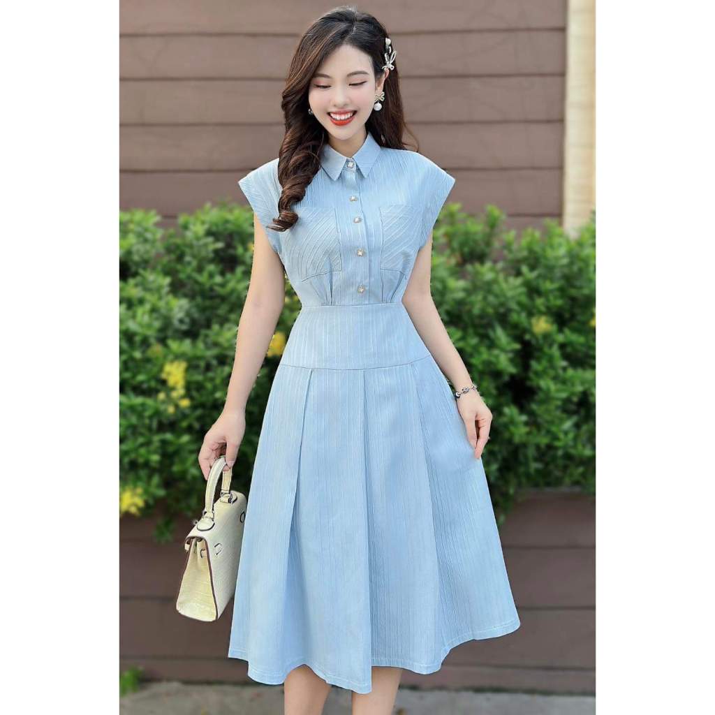 Váy sơ mi sát nách phong cách công sở thanh lịch - XU XU SHOP - Đầm nữ trẻ trung tôn dáng chân váy xếp ly - ẢNH THẬT
