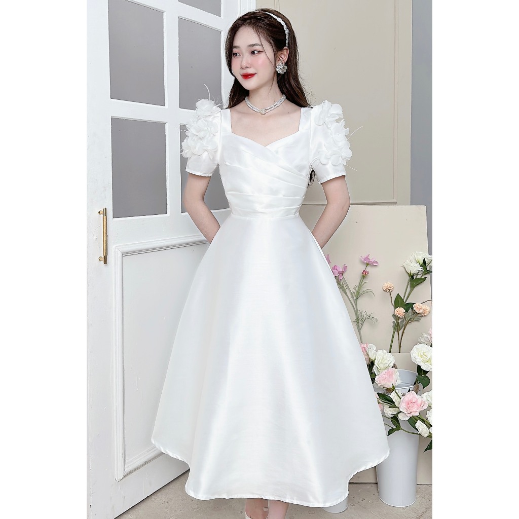 Đầm dự tiệc Tafta cao cấp chuẩn form xinh - XU XU SHOP - Váy trắng đi ăn cưới, sự kiện nổi bật đính hoa tay, xếp ly ngực