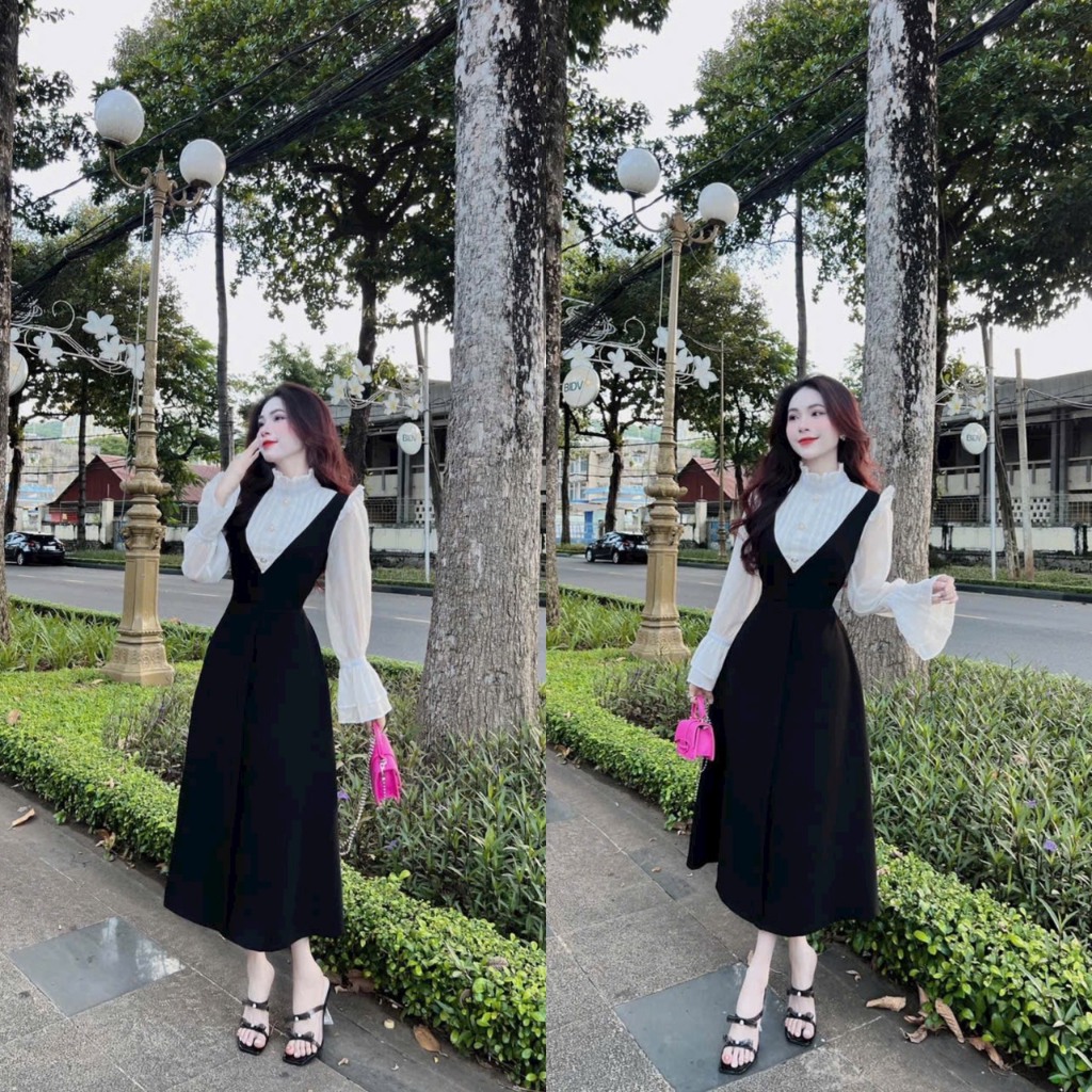 Sét váy nữ áo lụa trắng họa tiết đính ngọc dập ly xinh xắn mix váy tuyết mưa tôn dáng trẻ trung dự tiệc đi chơi