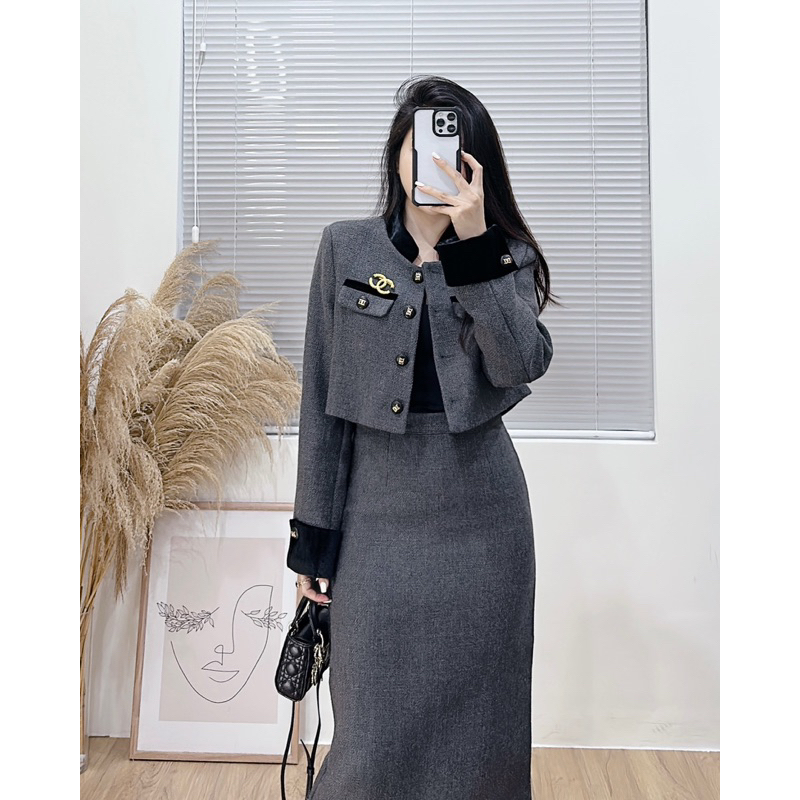 9226 Set dạ áo cổ tàu kèm tag và chân váy bút chì