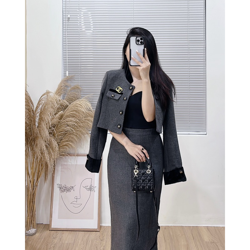 9226 Set dạ áo cổ tàu kèm tag và chân váy bút chì