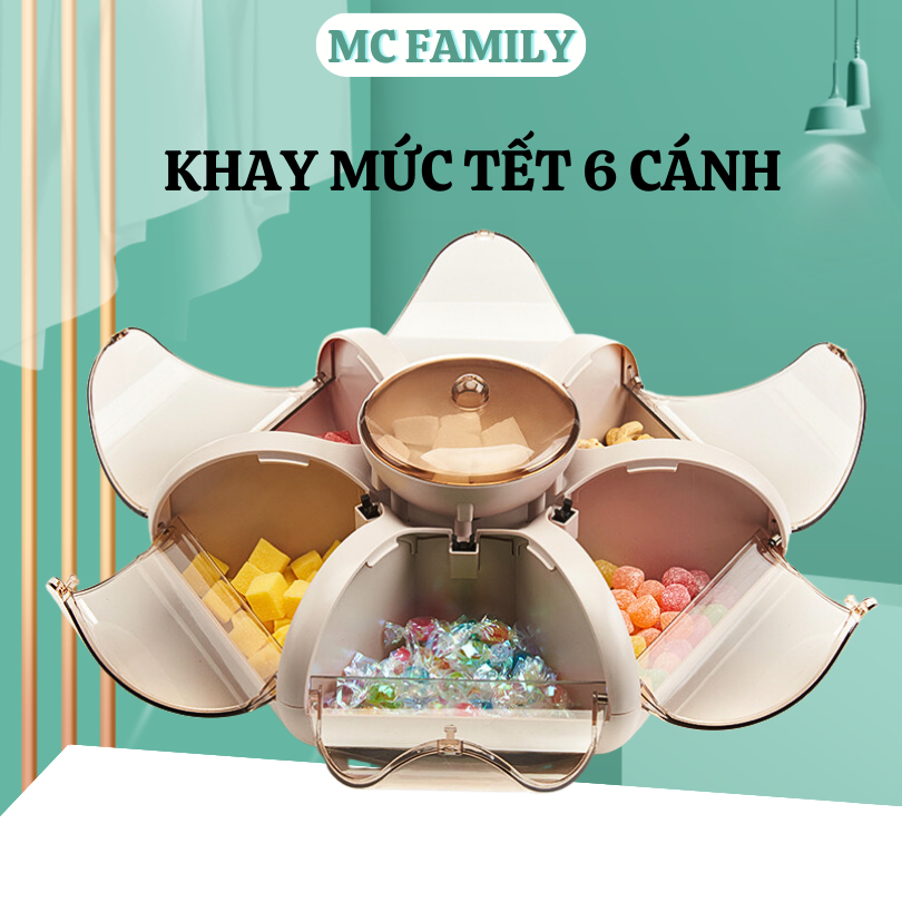 Khay đựng mứt tết 2 tầng 6 cánh tự bung 360 độ có kèm khe giá đỡ điện thoại thông minh tiệ