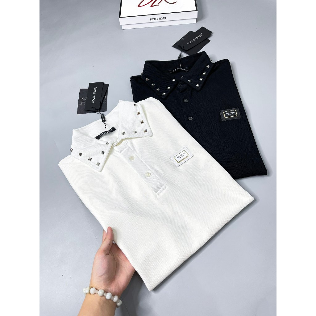 Áo Polo 2 Màu Trắng Đen Hoạ Tiết Đính Đá Viền Cổ Siêu Cấp