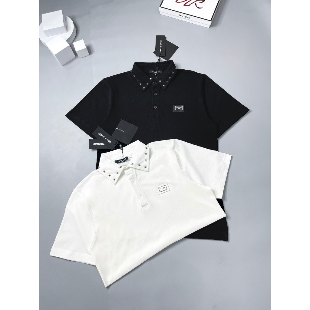 Áo Polo 2 Màu Trắng Đen Hoạ Tiết Đính Đá Viền Cổ Siêu Cấp