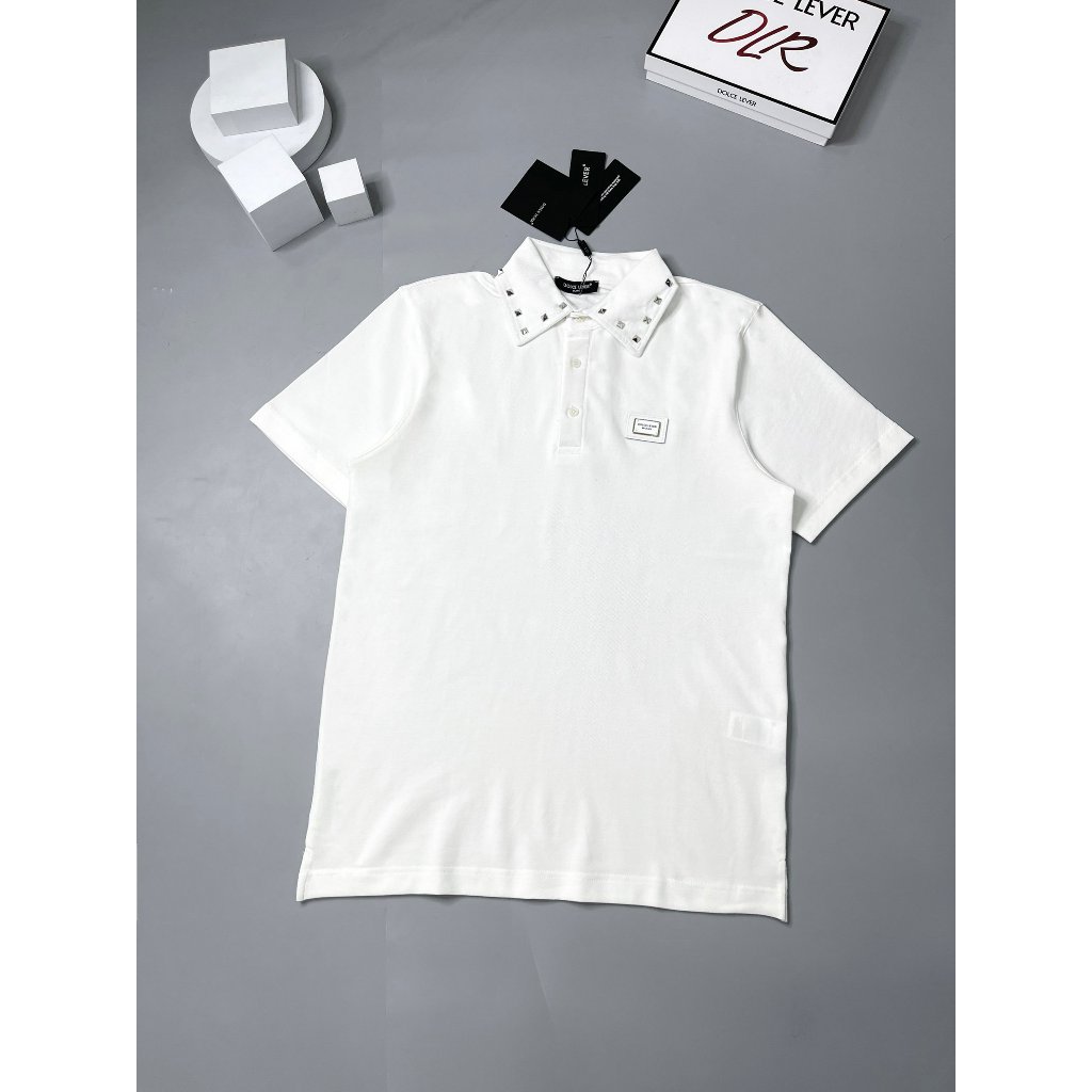 Áo Polo 2 Màu Trắng Đen Hoạ Tiết Đính Đá Viền Cổ Siêu Cấp