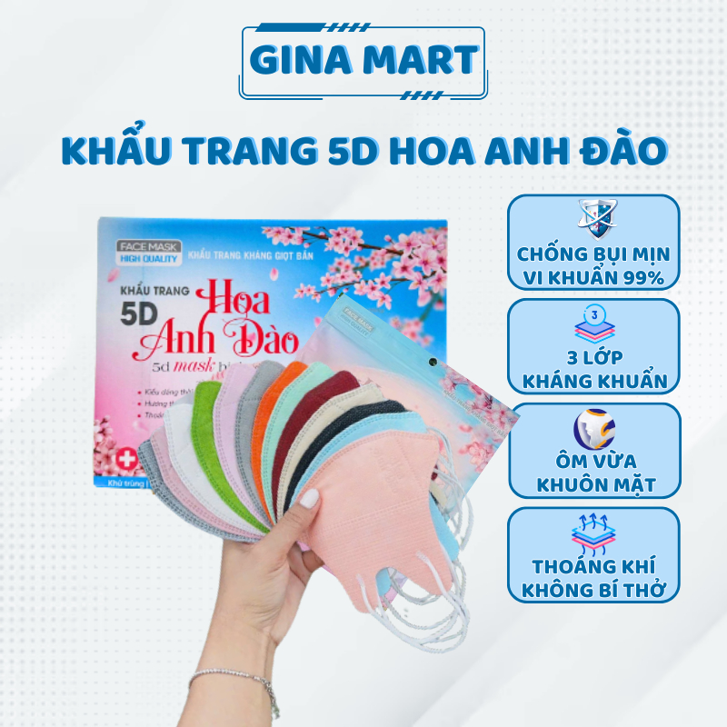 Khẩu trang Thịnh Phát 5D Mask Hoa Anh Đào người lớn 3 lớp hộp 100 chiếc kháng khuẩn kháng giọt bắn - Gina