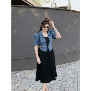 Đầm thun gân kèm áo khoác jean