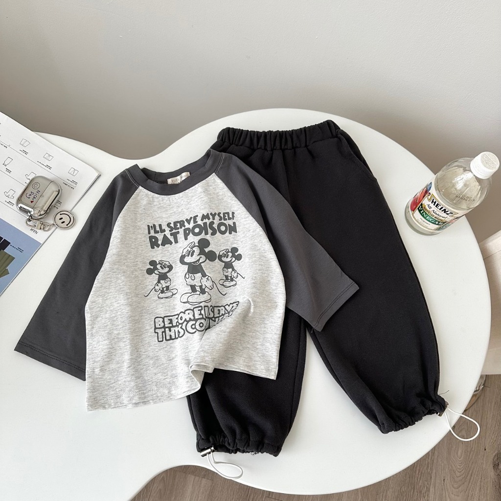 Bộ Quần Áo Mickey Dài Tay, Quần Dài Mùa Thu ĐÔng Chất Vải Áo Thun Quần Nỉ Cho Bé Trai Và Bé Gái Từ 8kg Đến 35kg