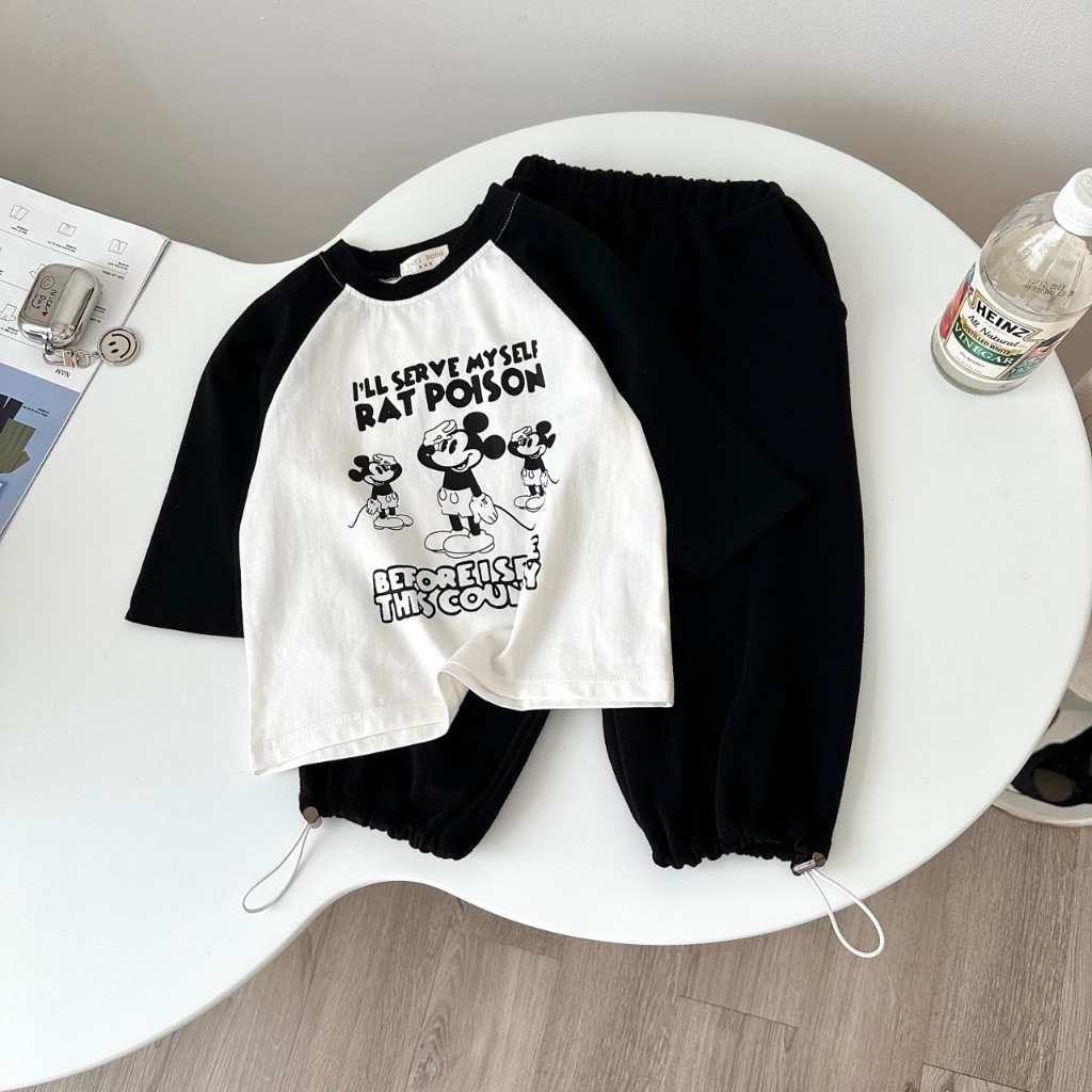 Bộ Quần Áo Mickey Dài Tay, Quần Dài Mùa Thu ĐÔng Chất Vải Áo Thun Quần Nỉ Cho Bé Trai Và Bé Gái Từ 8kg Đến 35kg