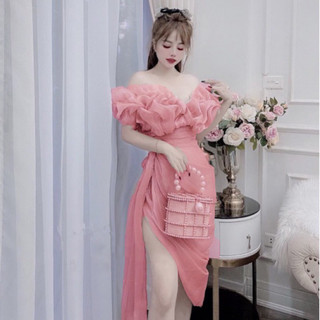 Đầm body trễ vai tơ thả tà