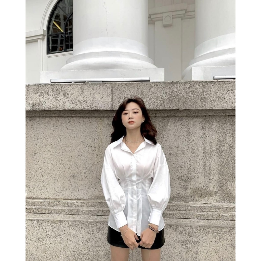 Áo sơ mi nữ dài tay, chiết eo phong cách hàn quốc