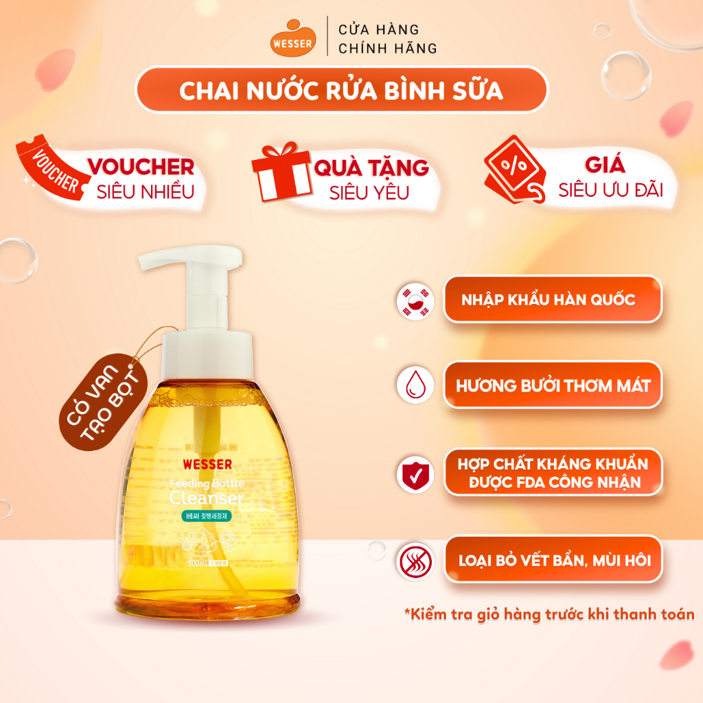 Nước Rửa Bình Sữa, núm vú Wesser chai 500ml