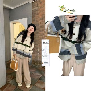Áo Khoác Len Dệt Kim Cổ Tròn Tay Dài Dáng Rộng Phối Hoa Bông Nổi Sọc Ngang Siêu Xinh Basic Mẫu Hot 2024 Hàng Qccc Orange
