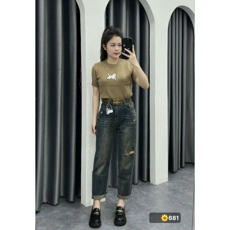 Quần baggy jean rách nhẹ kèm đai hàng QCL1