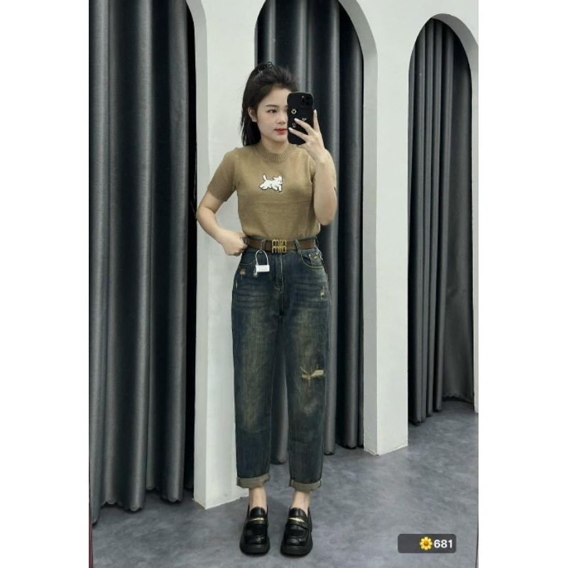 Quần baggy jean rách nhẹ kèm đai hàng QCL1