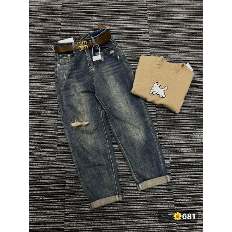 Quần baggy jean rách nhẹ kèm đai hàng QCL1