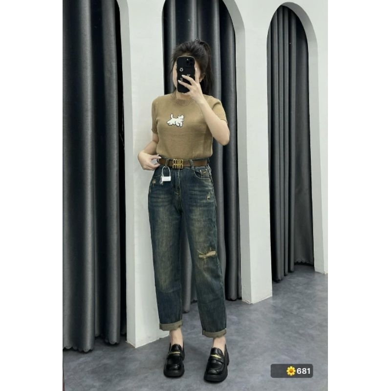 Quần baggy jean rách nhẹ kèm đai hàng QCL1