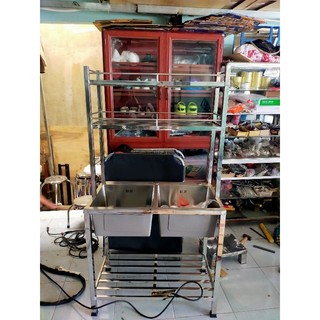  Trọn bộ chậu đúc 2 hộc kích thước 45x82cm+ kệ 2 tầng có vòi đầy đủ phụ kiện 