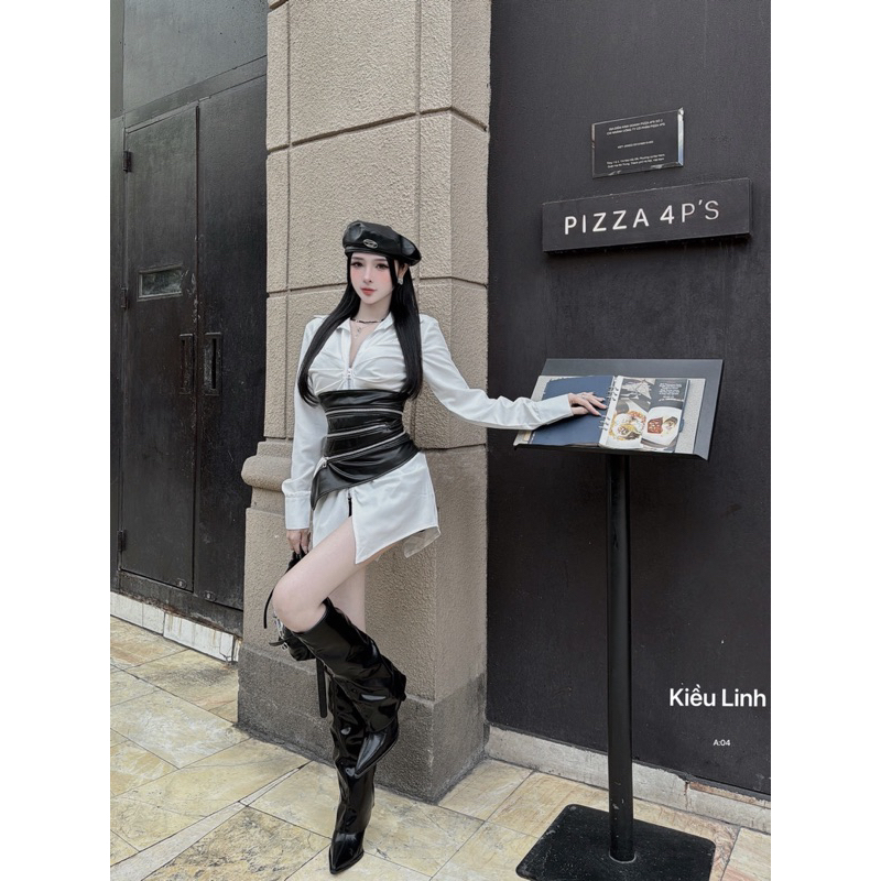 Set áo sơ mi khoá mix đai da siêu chất phong cách hotgirl dạo phố