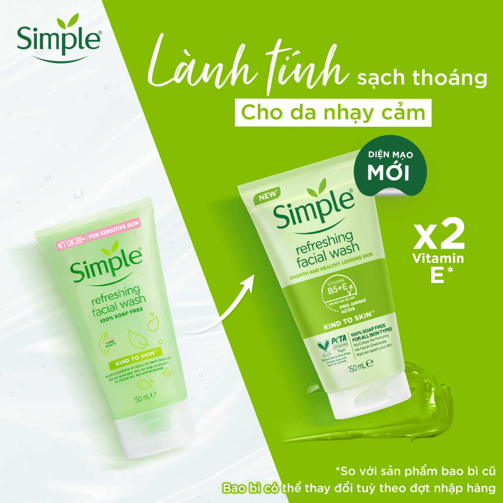 CHÍNH HÃNG SIMPLE Sữa rửa mặt Simple lành tính sạch thoáng - cho da nhạy cảm tuýp 150ml