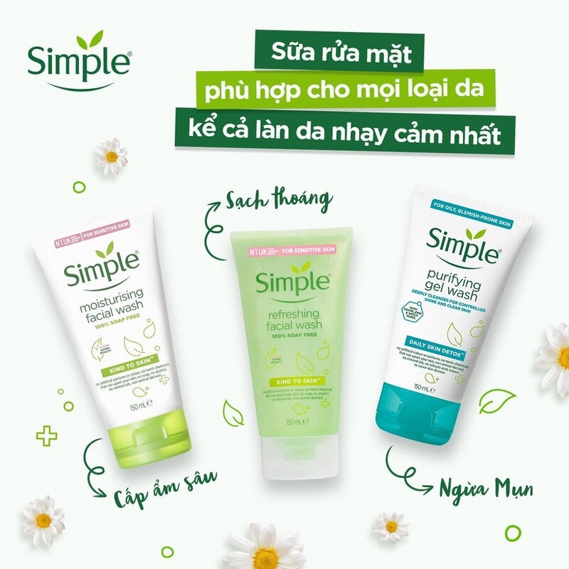 CHÍNH HÃNG SIMPLE Sữa rửa mặt Simple lành tính sạch thoáng - cho da nhạy cảm tuýp 150ml