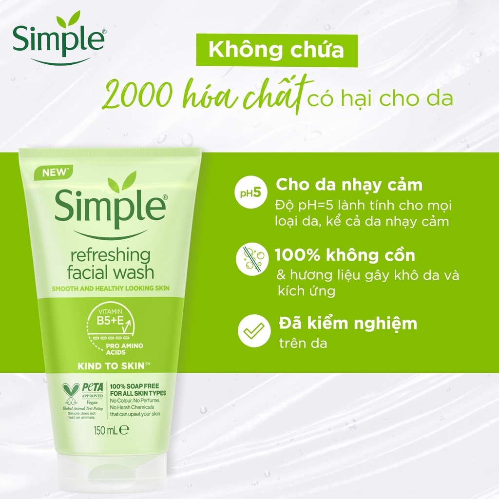 CHÍNH HÃNG SIMPLE Sữa rửa mặt Simple lành tính sạch thoáng - cho da nhạy cảm tuýp 150ml