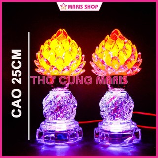 Bộ 2 đèn pha lê hình quả đào tiên để bàn thờ phật đèn hoa sen đèn thờ cúng cao 25cm