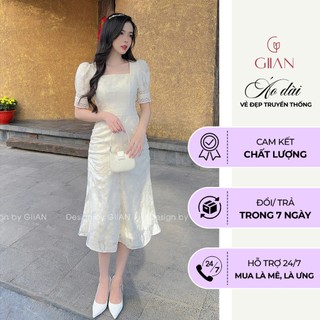 Váy ren cổ vuông phối tay ren, váy đuôi cá in hoa nổi thiết kế tay bồng chính hãng Giian - VA0103