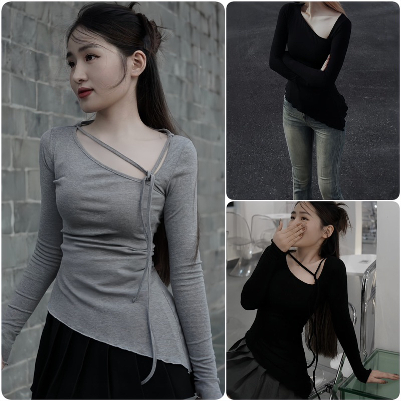 Áo body dài tay cổ lệch vạt chéo dây rời AO002