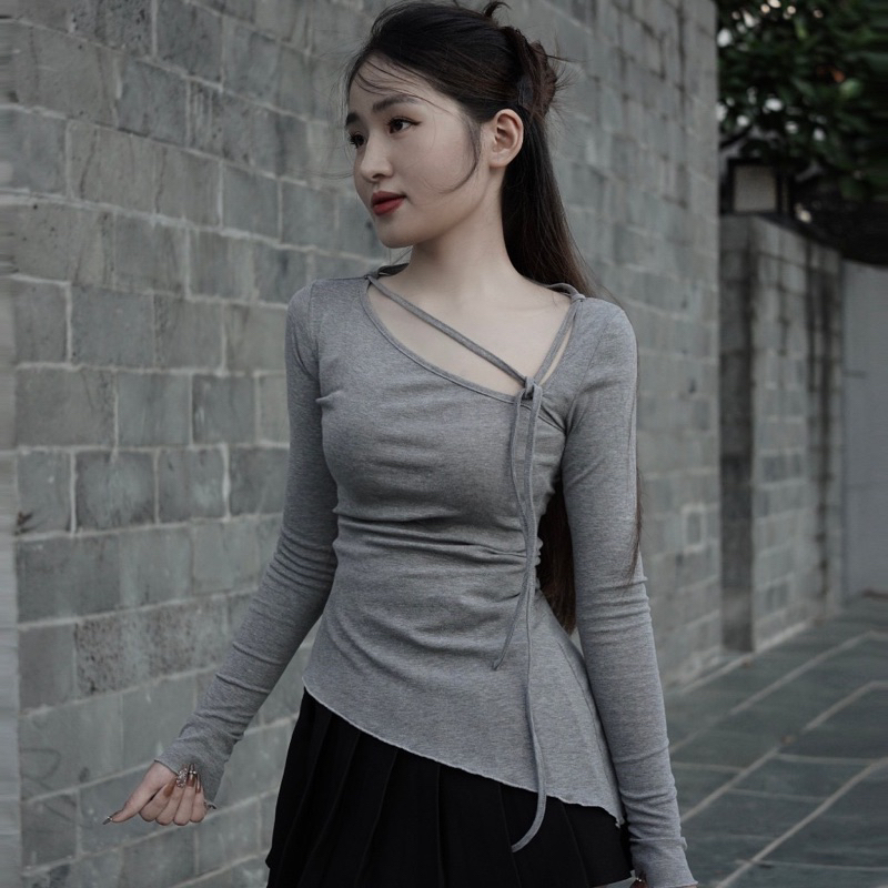 Áo body dài tay cổ lệch vạt chéo dây rời AO002