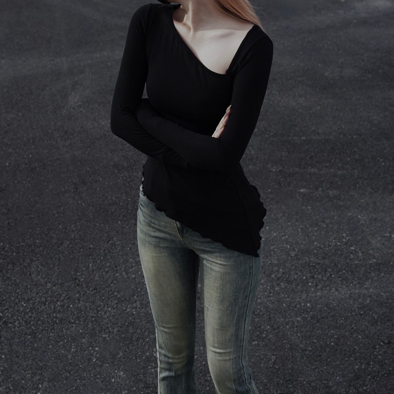 Áo body dài tay cổ lệch vạt chéo dây rời AO002