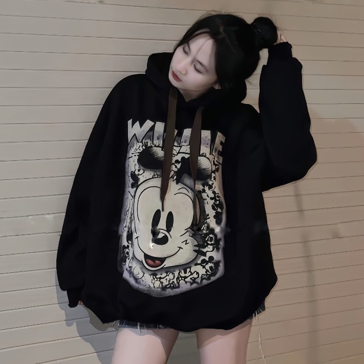 Áo Hoodie in Chuột Micki vải Nỉ Tàu ép lông nhung dày dặn,form Nam nữ unisex, áo mũ 2 lớp mùa đông