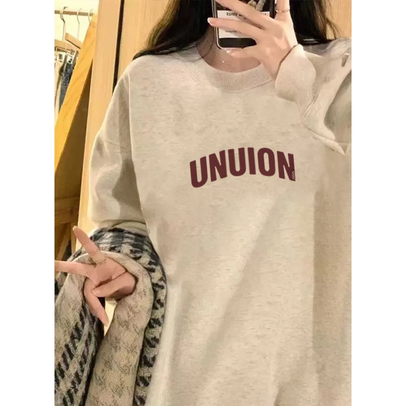 Focus local brand fashion vintage xám UNUION cổ tròn áo nỉ nữ dày sweater bigsize unisex levents 100%cotton