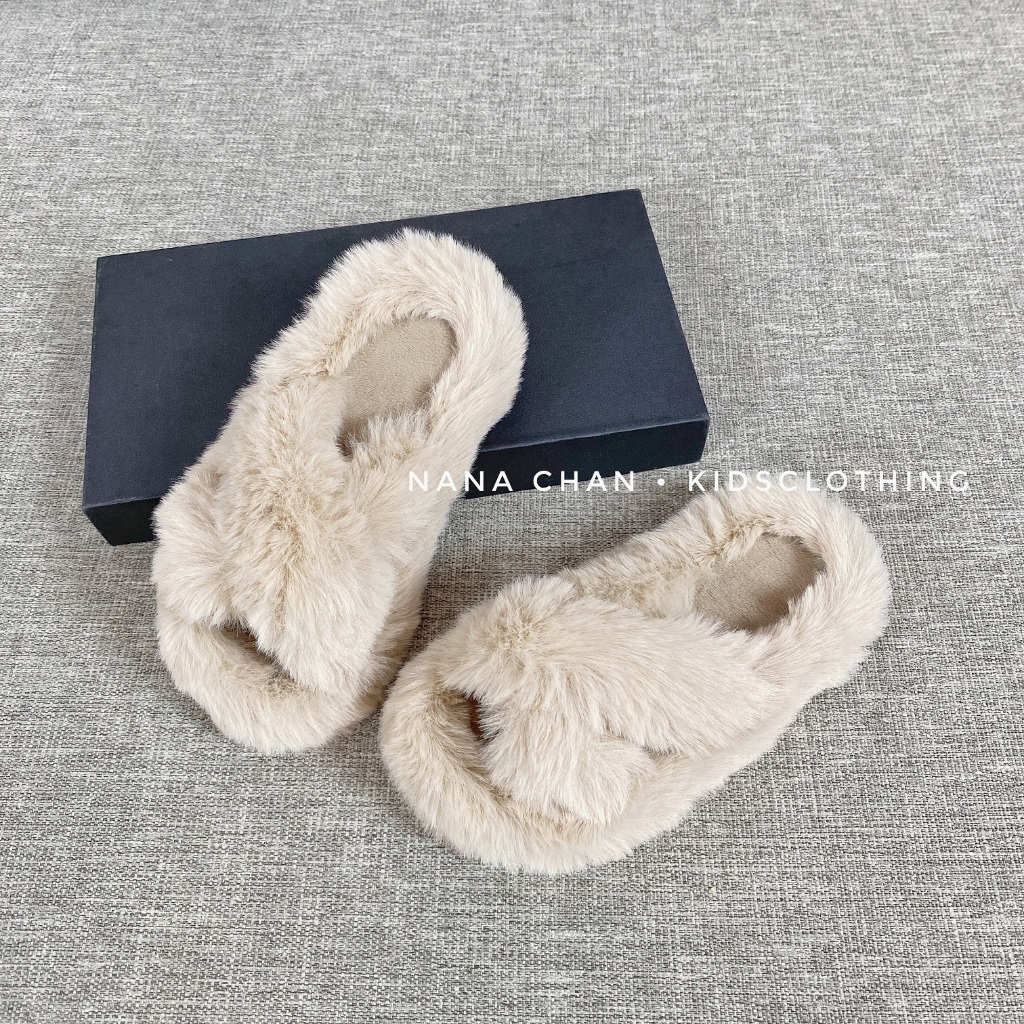 Dép lông bé gái quai chéo G096 size 26-35 giữ ấm mùa thu đông 2023, phong cách Hàn Quốc mới