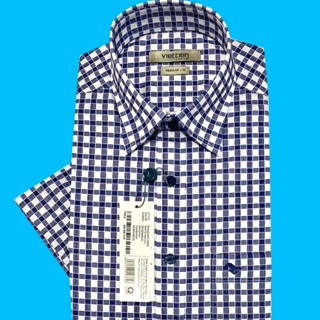 Viettien - Áo sơ mi nam ngắn tay xẻ tà vạt ngang Bamboo spun Ca rô Xanh trắng 6S0022 Regular