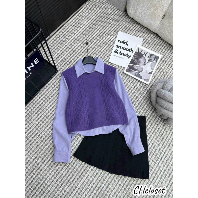 Set áo sơmi nhung + áo ghile len