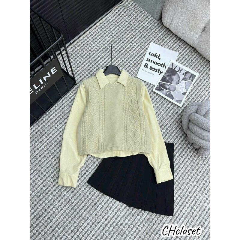 Set áo sơmi nhung + áo ghile len