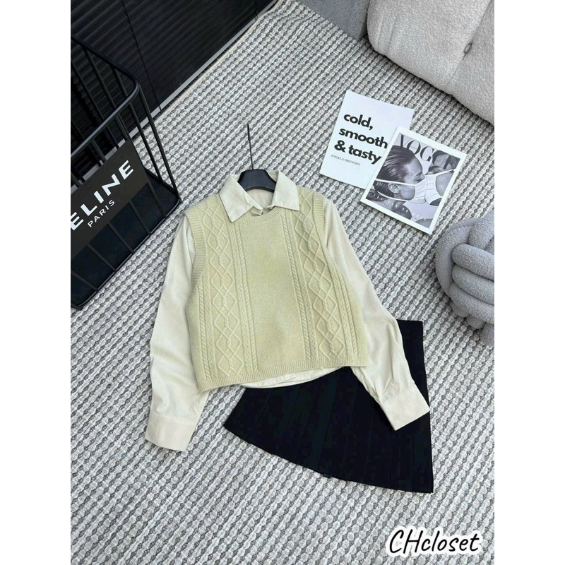 Set áo sơmi nhung + áo ghile len