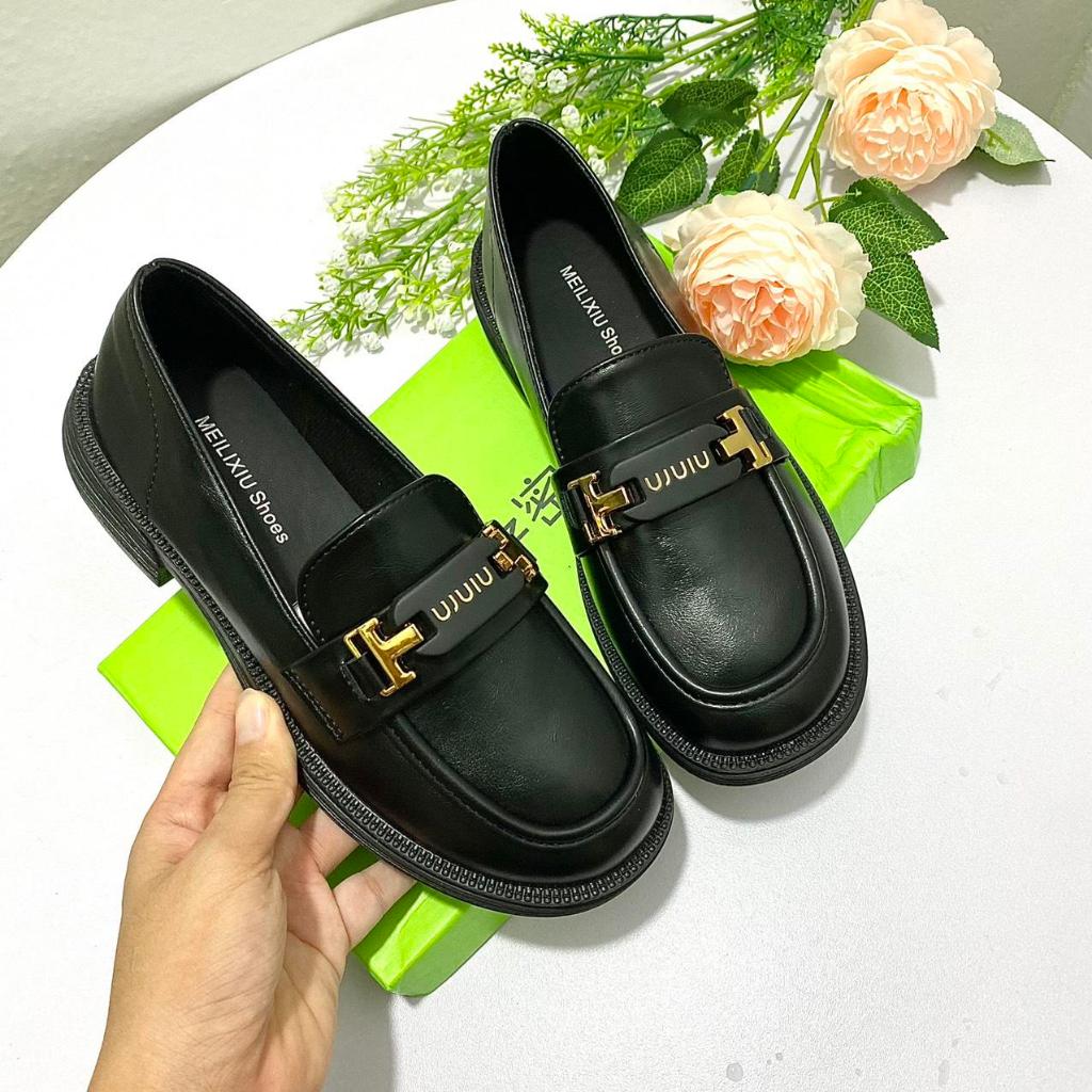 Giày moca M.iu da mềm đế cao 3cm khuy đồng