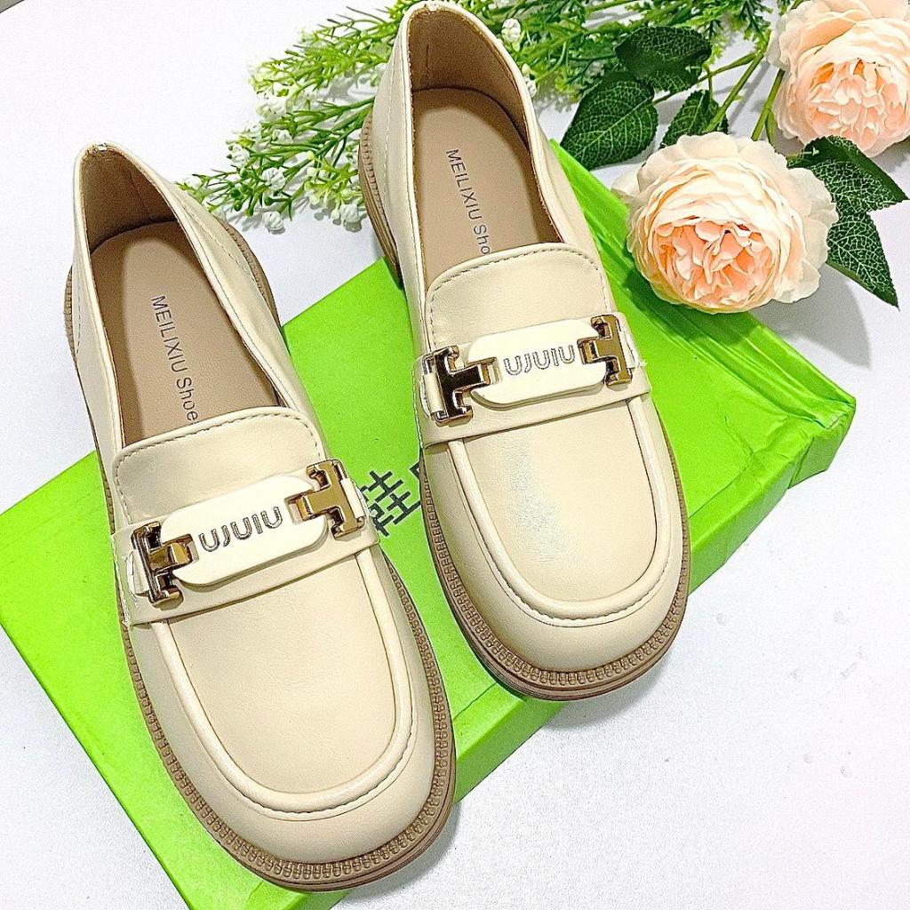 Giày moca M.iu da mềm đế cao 3cm khuy đồng