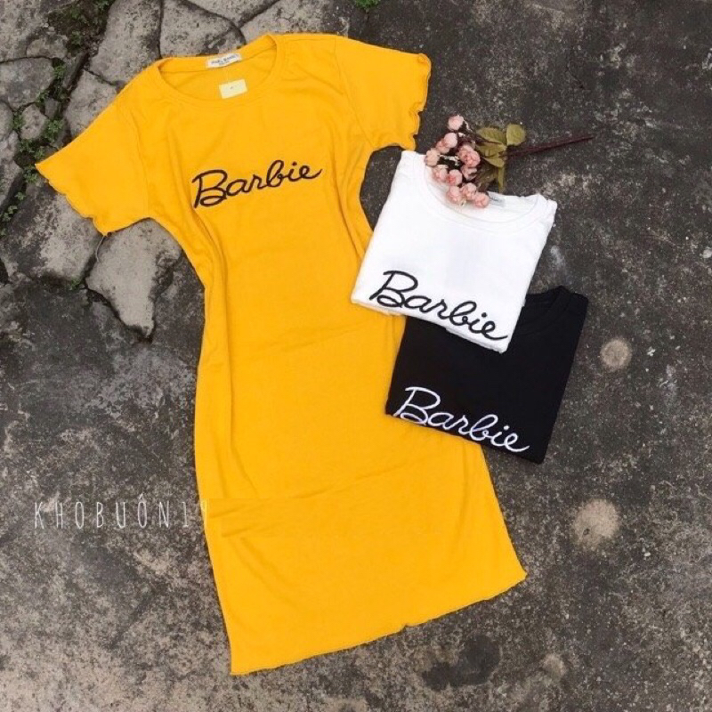 Váy đầm body nữ tay ngắn thêu chữ Barbie