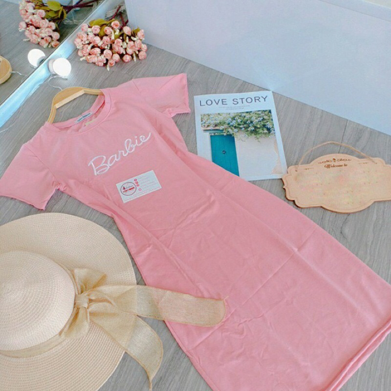 Váy đầm body nữ tay ngắn thêu chữ Barbie