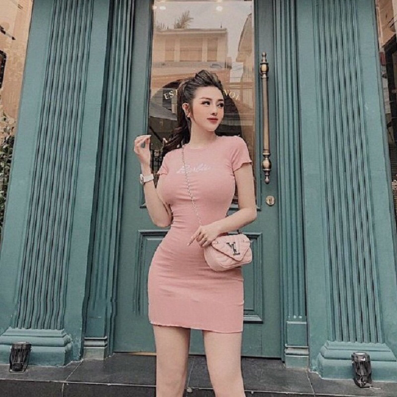 Váy đầm body nữ tay ngắn thêu chữ Barbie