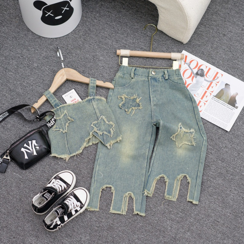 Set jean phong cách rách bụi bặm phù hợp cho các bé có tính cách cá tính cho các bé cá tính size nhí 12-30kg
