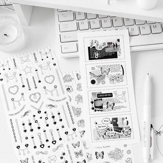 Sticker Dán Trang Trí Sổ Lưu Niệm màu đen trắng hoa tiết trang trí