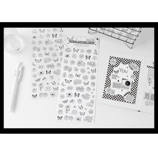 Sticker Dán Trang Trí Sổ Lưu Niệm màu đen trắng hoa tiết trang trí