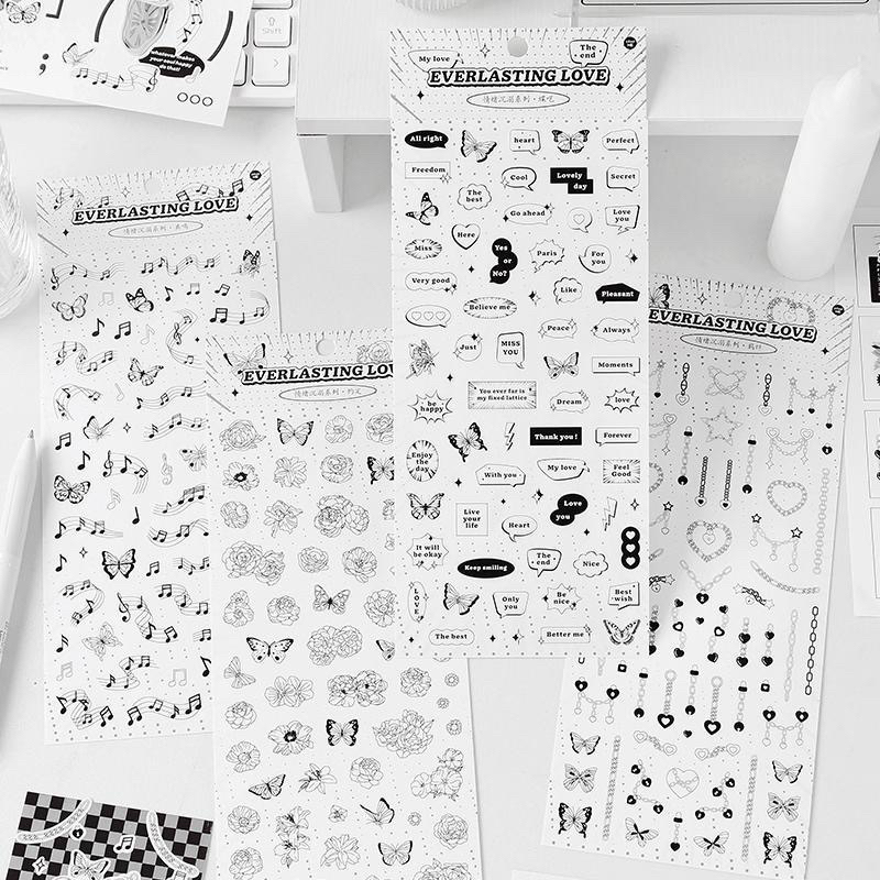 Sticker Dán Trang Trí Sổ Lưu Niệm màu đen trắng hoa tiết trang trí